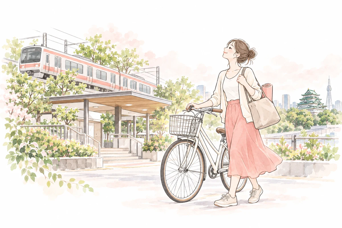 電車と自転車での通いやすさを考えるイラスト